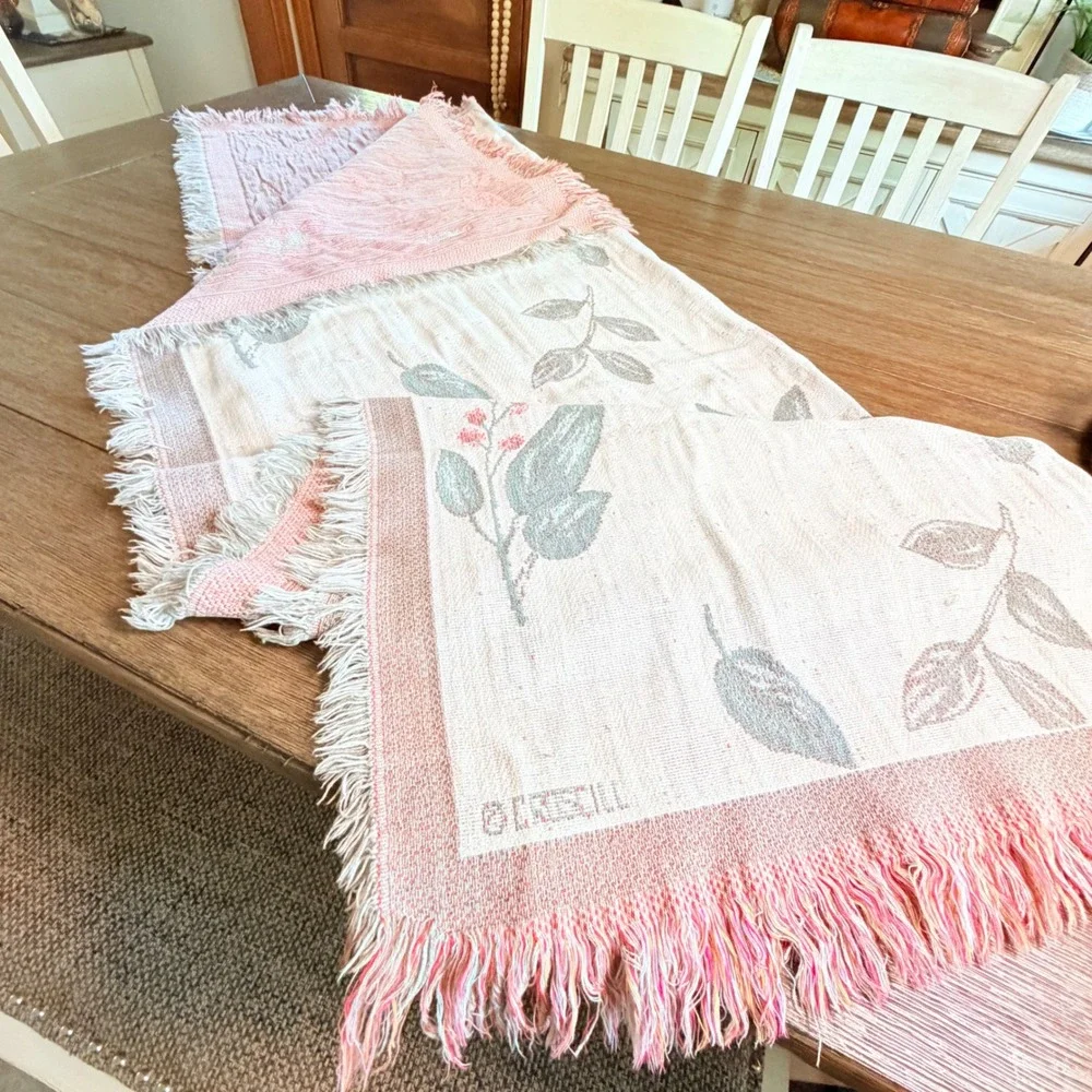 90s Cresswell 100% Cotton Woven Floral Throw Blanket Fringed Botanical 62x84